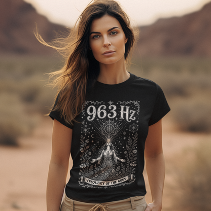Woman wearing 963 Hz black meditation shirt in desert landscape — Dark Sacred Stillness collection by Ramro Yoga Wear