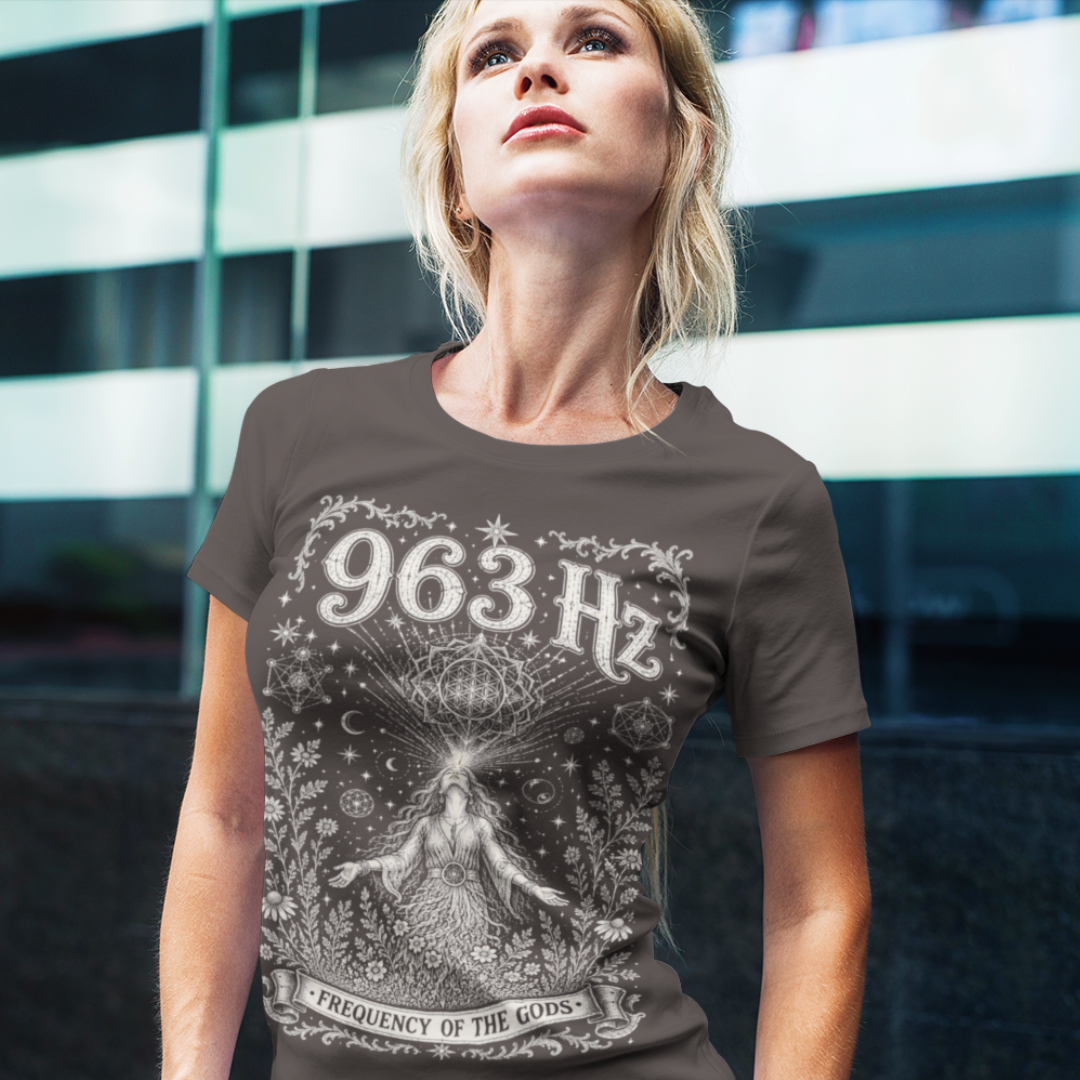 Woman wearing 963 Hz dark chocolate meditation shirt at urban building — Dark Sacred Stillness collection by Ramro Yoga Wear