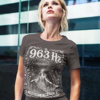 Woman wearing 963 Hz dark chocolate meditation shirt at urban building — Dark Sacred Stillness collection by Ramro Yoga Wear