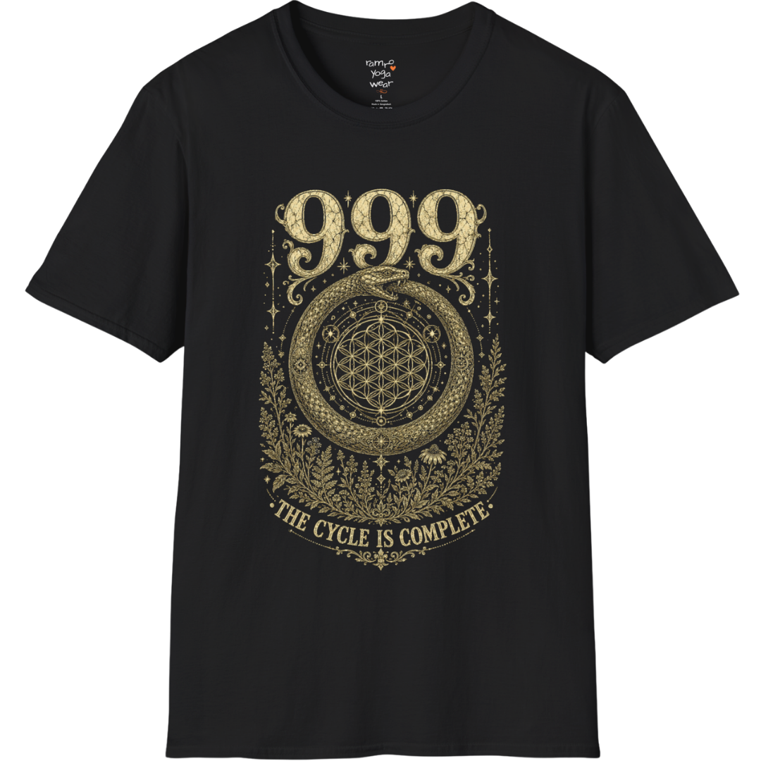 999 ouroboros serpent Flower of Life botanical engraving design — Dark Sacred Stillness collection by Ramro Yoga Wear in Black.