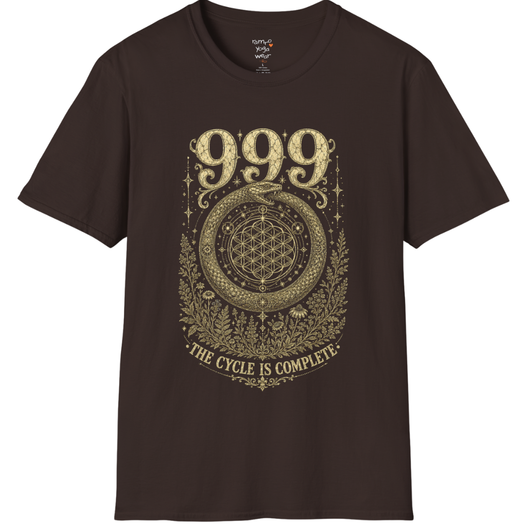 999 ouroboros serpent Flower of Life botanical engraving design — Dark Sacred Stillness collection by Ramro Yoga Wear in Dark Chocolate.
