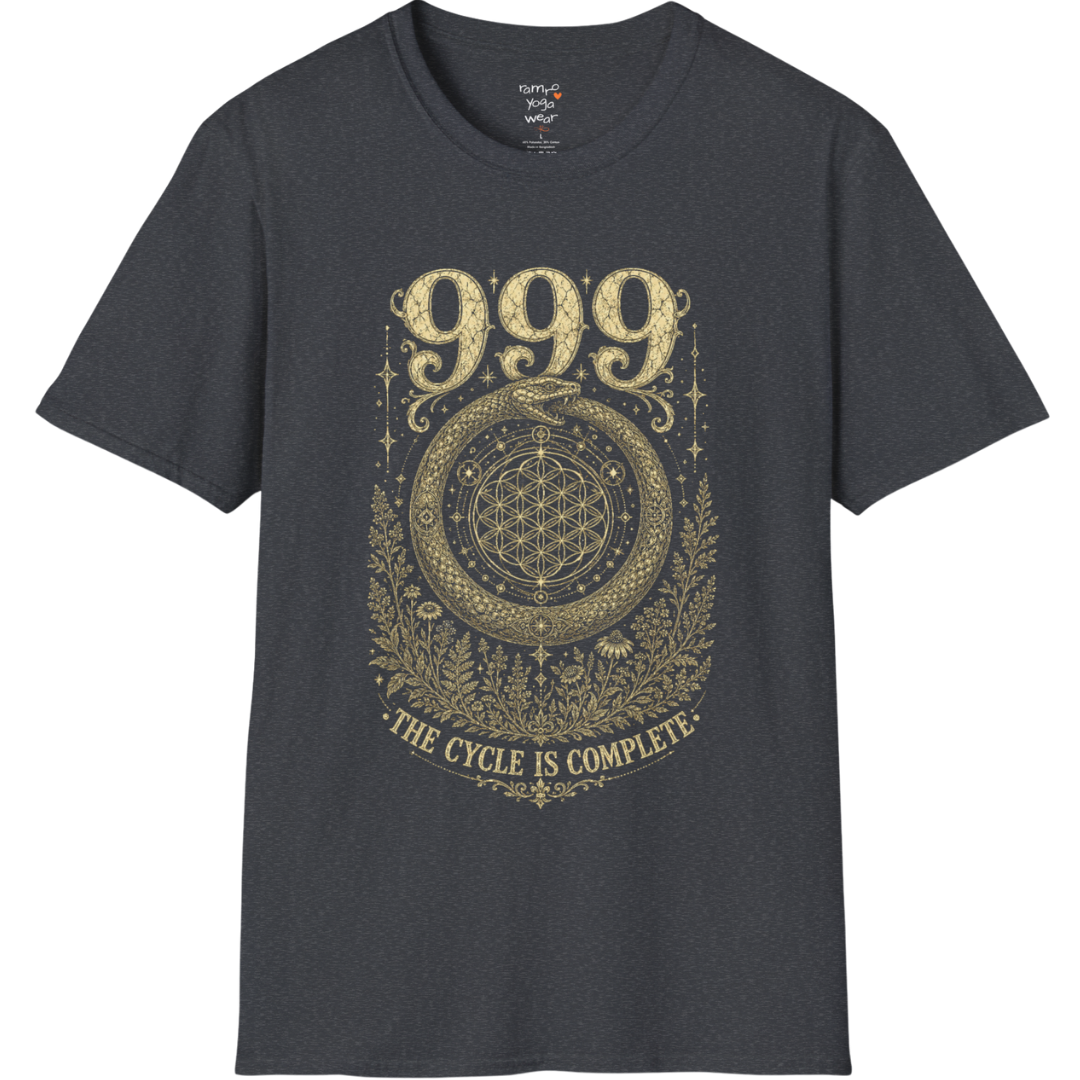 999 ouroboros serpent Flower of Life botanical engraving design — Dark Sacred Stillness collection by Ramro Yoga Wear in Dark Heather Grey.