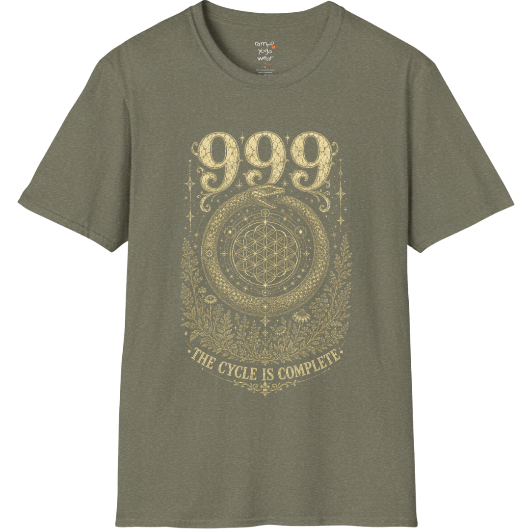 999 ouroboros serpent Flower of Life botanical engraving design — Dark Sacred Stillness collection by Ramro Yoga Wear in Heather Military Green.