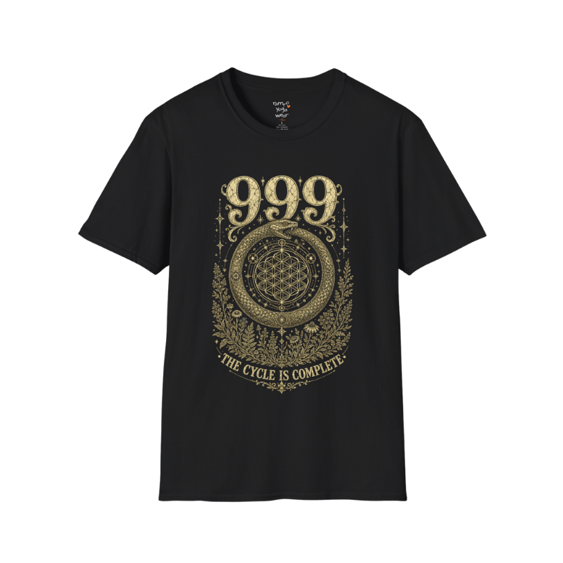 999 ouroboros serpent Flower of Life botanical engraving design — Dark Sacred Stillness collection by Ramro Yoga Wear in Black.