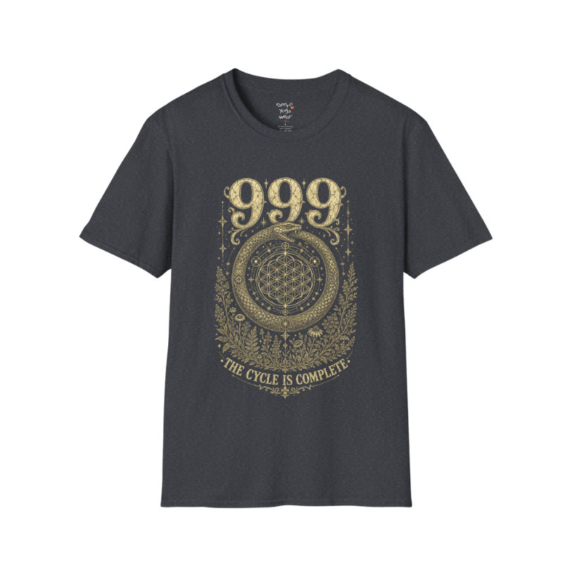 999 ouroboros serpent Flower of Life botanical engraving design — Dark Sacred Stillness collection by Ramro Yoga Wear in Dark Heather Grey.
