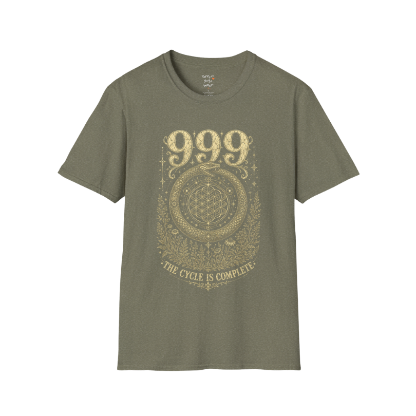 999 ouroboros serpent Flower of Life botanical engraving design — Dark Sacred Stillness collection by Ramro Yoga Wear in Heather Military Green.