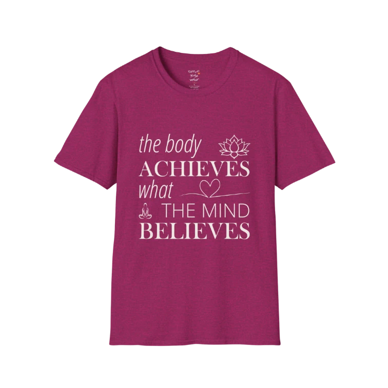 "The body achieves what the mind believes" affirmation text design with lotus, heart, and meditation icon details — The Vault collection by Ramro Yoga Wear — Antique Heliconia