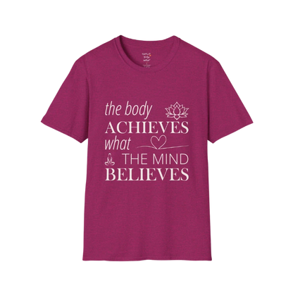 "The body achieves what the mind believes" affirmation text design with lotus, heart, and meditation icon details — The Vault collection by Ramro Yoga Wear — Antique Heliconia