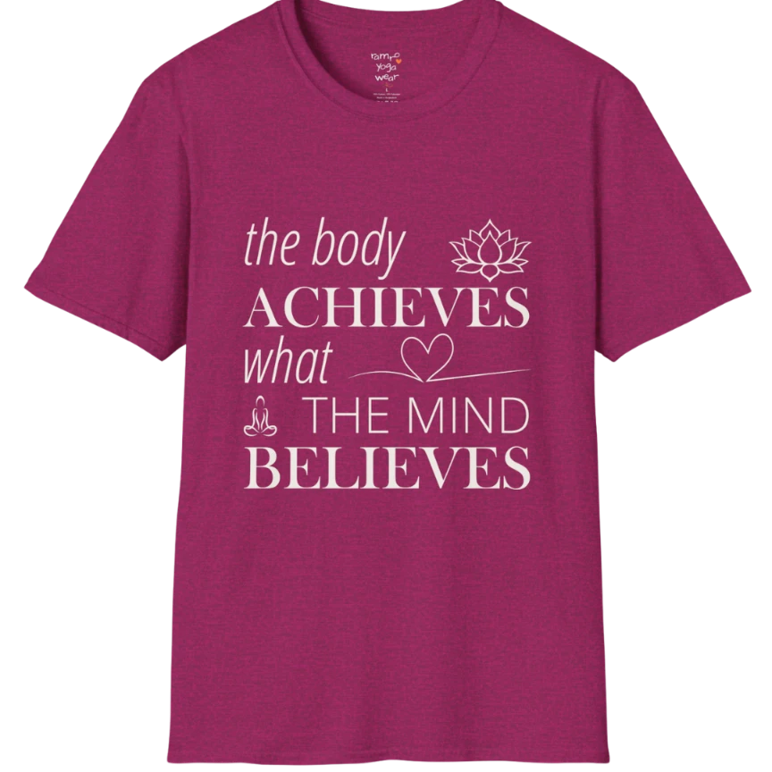 "The body achieves what the mind believes" affirmation text design with lotus, heart, and meditation icon details — The Vault collection by Ramro Yoga Wear — Antique Heliconia