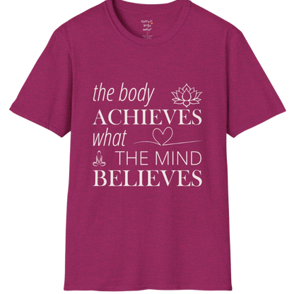 "The body achieves what the mind believes" affirmation text design with lotus, heart, and meditation icon details — The Vault collection by Ramro Yoga Wear — Antique Heliconia