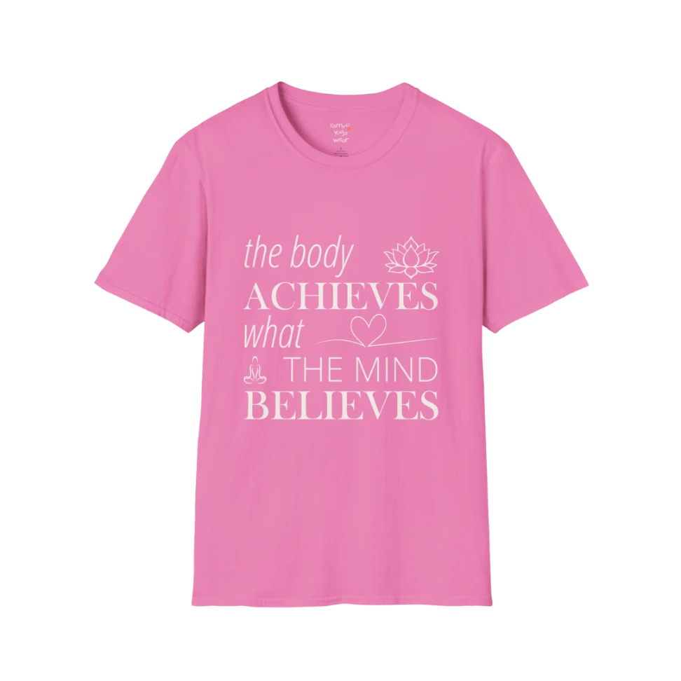 "The body achieves what the mind believes" affirmation text design with lotus, heart, and meditation icon details — The Vault collection by Ramro Yoga Wear — Azalea