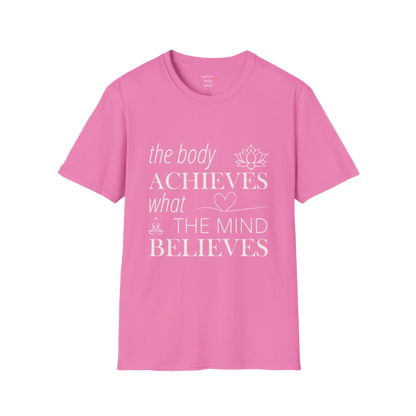 "The body achieves what the mind believes" affirmation text design with lotus, heart, and meditation icon details — The Vault collection by Ramro Yoga Wear — Azalea