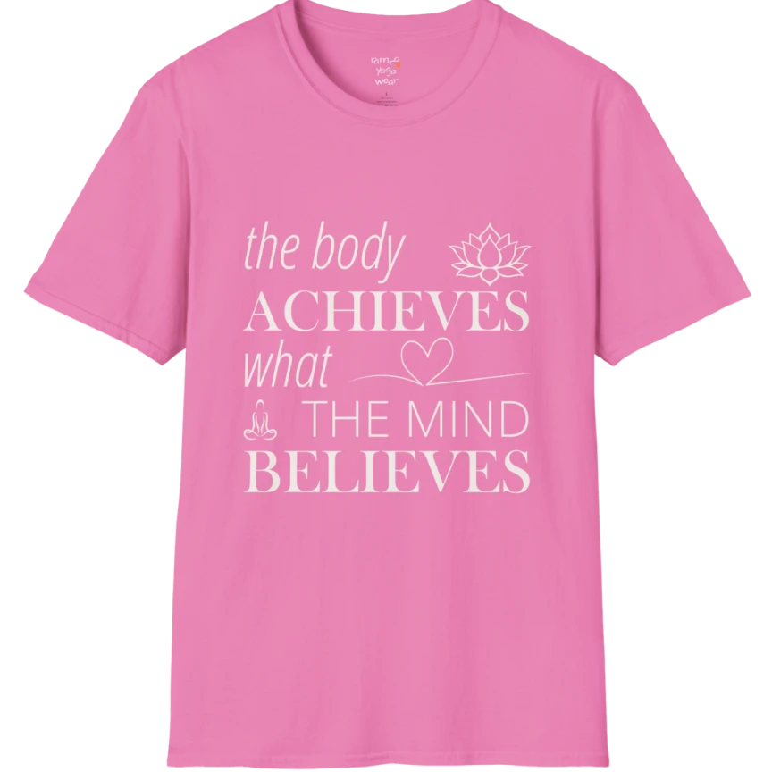 "The body achieves what the mind believes" affirmation text design with lotus, heart, and meditation icon details — The Vault collection by Ramro Yoga Wear — Azalea