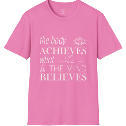 "The body achieves what the mind believes" affirmation text design with lotus, heart, and meditation icon details — The Vault collection by Ramro Yoga Wear — Azalea