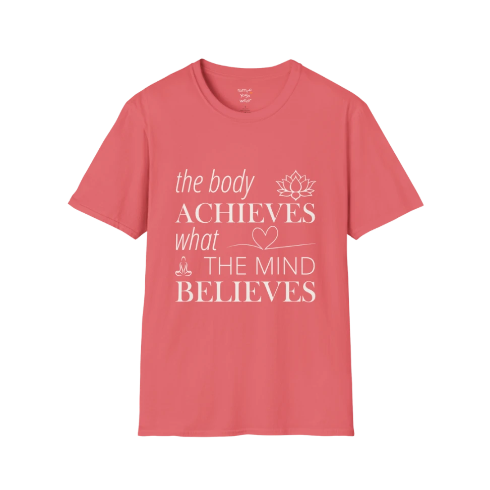 "The body achieves what the mind believes" affirmation text design with lotus, heart, and meditation icon details — The Vault collection by Ramro Yoga Wear — Coral Silk