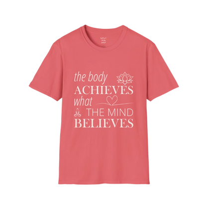 "The body achieves what the mind believes" affirmation text design with lotus, heart, and meditation icon details — The Vault collection by Ramro Yoga Wear — Coral Silk