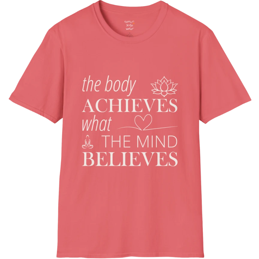 "The body achieves what the mind believes" affirmation text design with lotus, heart, and meditation icon details — The Vault collection by Ramro Yoga Wear — Coral Silk