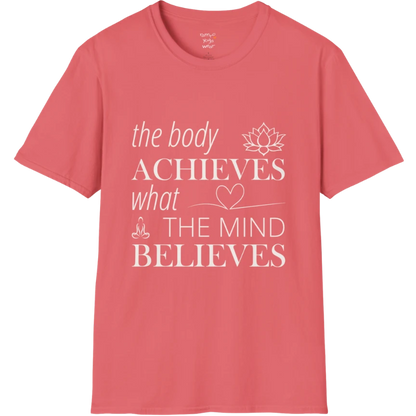 "The body achieves what the mind believes" affirmation text design with lotus, heart, and meditation icon details — The Vault collection by Ramro Yoga Wear — Coral Silk