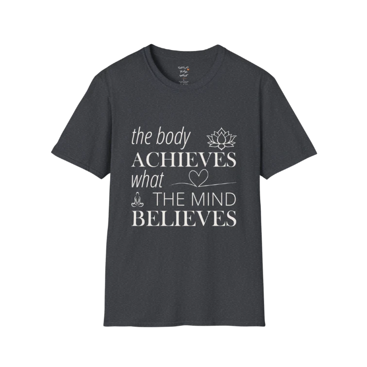 "The body achieves what the mind believes" affirmation text design with lotus, heart, and meditation icon details — The Vault collection by Ramro Yoga Wear — Dark Heather Grey