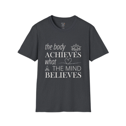 "The body achieves what the mind believes" affirmation text design with lotus, heart, and meditation icon details — The Vault collection by Ramro Yoga Wear — Dark Heather Grey
