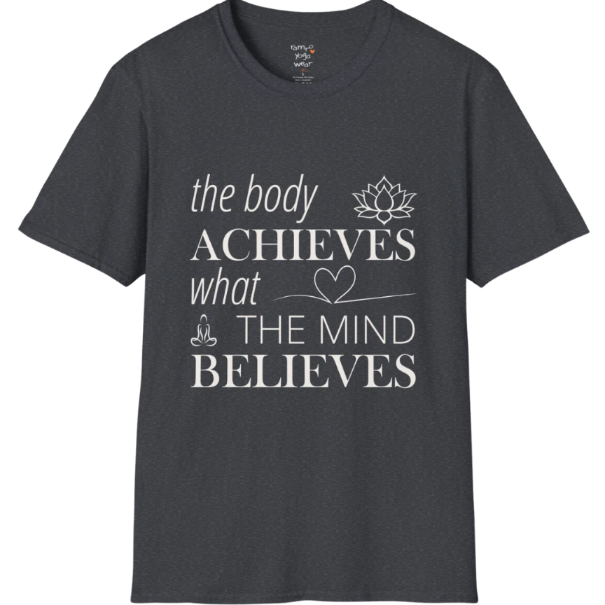 "The body achieves what the mind believes" affirmation text design with lotus, heart, and meditation icon details — The Vault collection by Ramro Yoga Wear — Dark Heather Grey