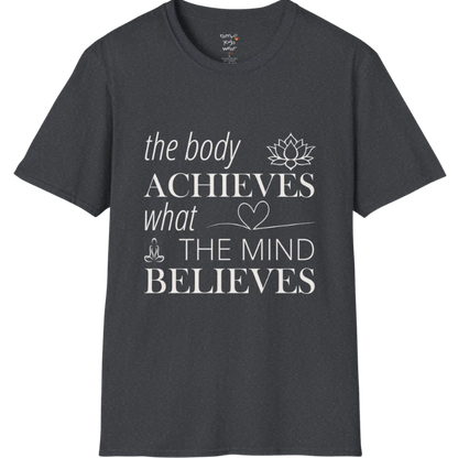 "The body achieves what the mind believes" affirmation text design with lotus, heart, and meditation icon details — The Vault collection by Ramro Yoga Wear — Dark Heather Grey
