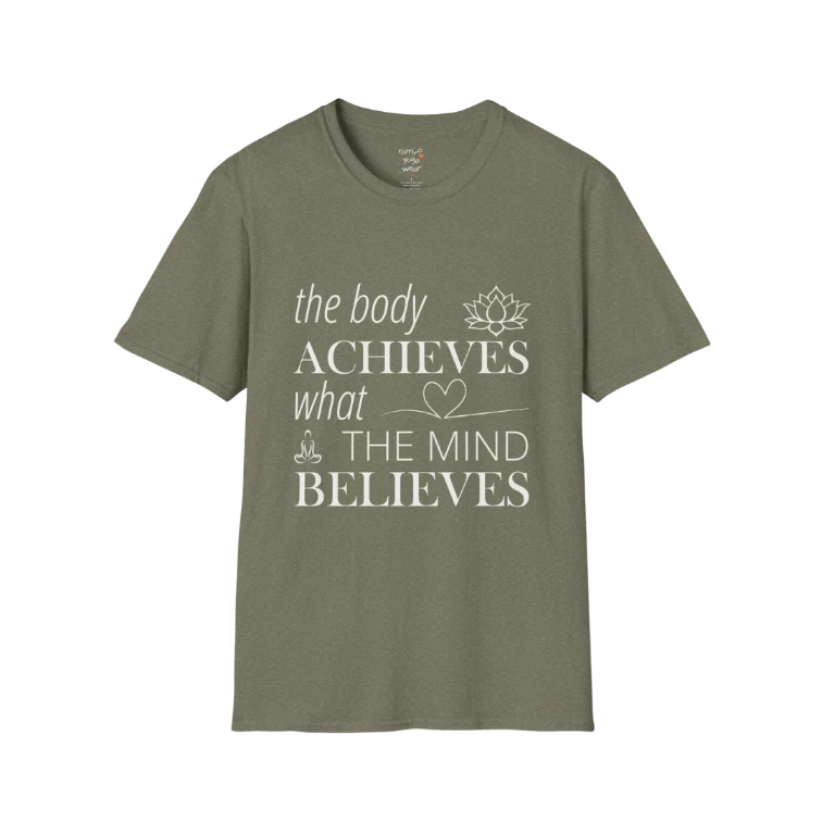 "The body achieves what the mind believes" affirmation text design with lotus, heart, and meditation icon details — The Vault collection by Ramro Yoga Wear — Heather Military Green