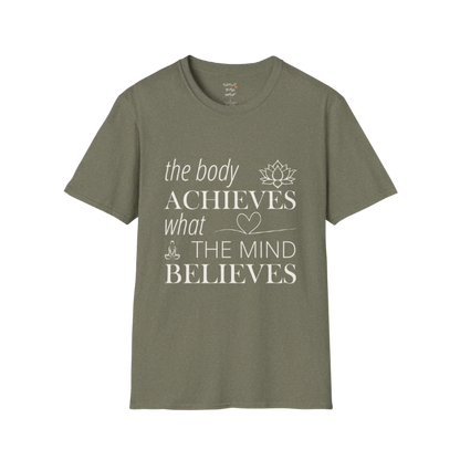 "The body achieves what the mind believes" affirmation text design with lotus, heart, and meditation icon details — The Vault collection by Ramro Yoga Wear — Heather Military Green
