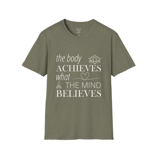 "The body achieves what the mind believes" affirmation text design with lotus, heart, and meditation icon details — The Vault collection by Ramro Yoga Wear — Heather Military Green