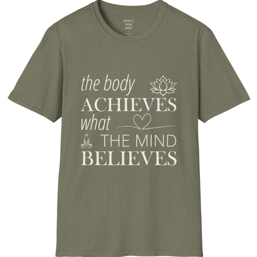 "The body achieves what the mind believes" affirmation text design with lotus, heart, and meditation icon details — The Vault collection by Ramro Yoga Wear — Heather Military Green