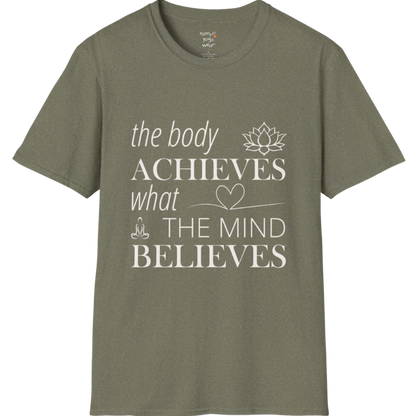 "The body achieves what the mind believes" affirmation text design with lotus, heart, and meditation icon details — The Vault collection by Ramro Yoga Wear — Heather Military Green
