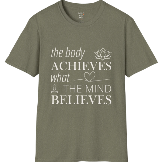 "The body achieves what the mind believes" affirmation text design with lotus, heart, and meditation icon details — The Vault collection by Ramro Yoga Wear — Heather Military Green