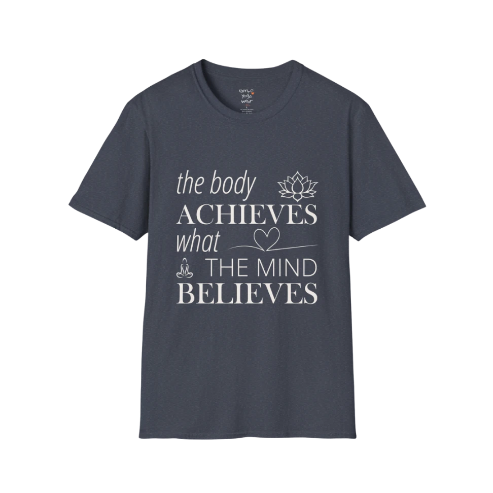 "The body achieves what the mind believes" affirmation text design with lotus, heart, and meditation icon details — The Vault collection by Ramro Yoga Wear — Heather Navy