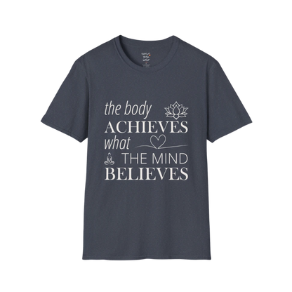 "The body achieves what the mind believes" affirmation text design with lotus, heart, and meditation icon details — The Vault collection by Ramro Yoga Wear — Heather Navy