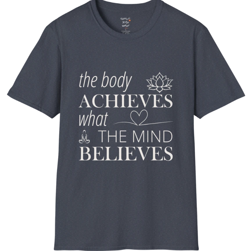 "The body achieves what the mind believes" affirmation text design with lotus, heart, and meditation icon details — The Vault collection by Ramro Yoga Wear — Heather Navy