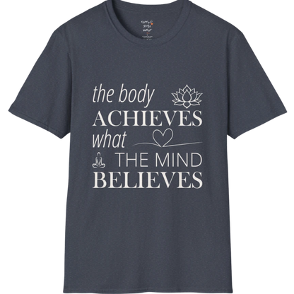 "The body achieves what the mind believes" affirmation text design with lotus, heart, and meditation icon details — The Vault collection by Ramro Yoga Wear — Heather Navy