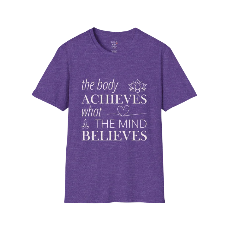 "The body achieves what the mind believes" affirmation text design with lotus, heart, and meditation icon details — The Vault collection by Ramro Yoga Wear — Heather Purple