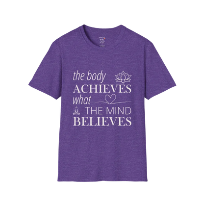"The body achieves what the mind believes" affirmation text design with lotus, heart, and meditation icon details — The Vault collection by Ramro Yoga Wear — Heather Purple