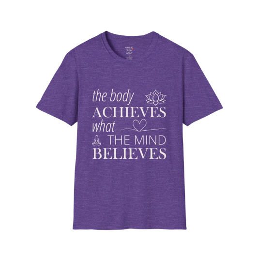 Achieve T-Shirt in Heather Purple featuring mindful affirmation text with vintage-inspired yoga typography and soft casual style.