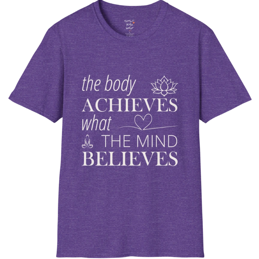 "The body achieves what the mind believes" affirmation text design with lotus, heart, and meditation icon details — The Vault collection by Ramro Yoga Wear — Heather Purple