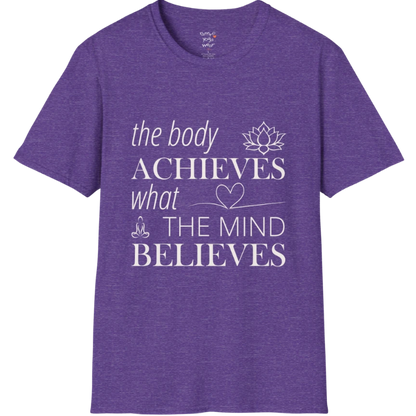 "The body achieves what the mind believes" affirmation text design with lotus, heart, and meditation icon details — The Vault collection by Ramro Yoga Wear — Heather Purple