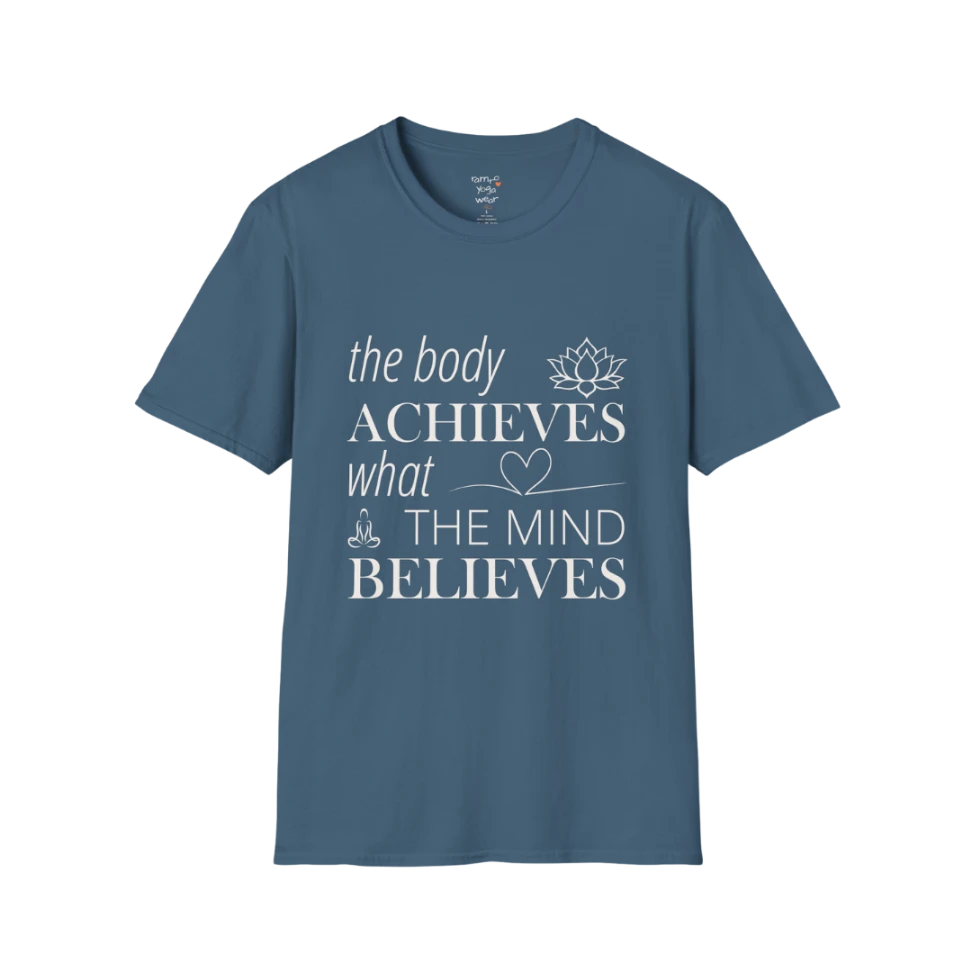 "The body achieves what the mind believes" affirmation text design with lotus, heart, and meditation icon details — The Vault collection by Ramro Yoga Wear — Indigo Blue