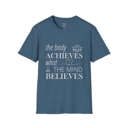 "The body achieves what the mind believes" affirmation text design with lotus, heart, and meditation icon details — The Vault collection by Ramro Yoga Wear — Indigo Blue