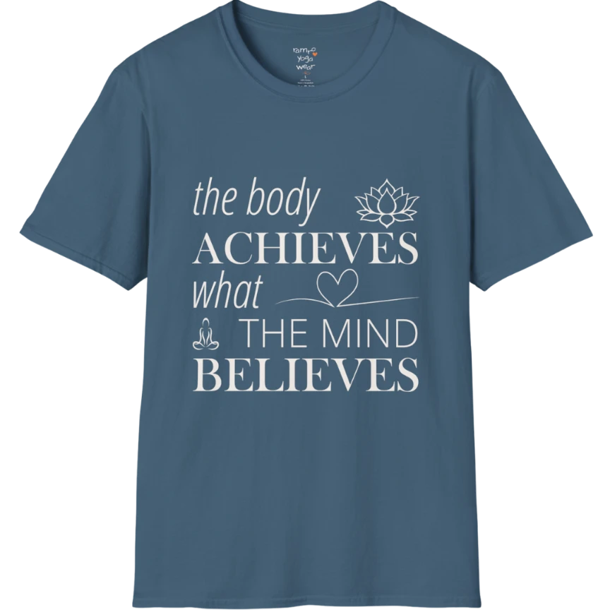 "The body achieves what the mind believes" affirmation text design with lotus, heart, and meditation icon details — The Vault collection by Ramro Yoga Wear — Indigo Blue