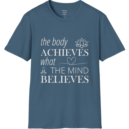 "The body achieves what the mind believes" affirmation text design with lotus, heart, and meditation icon details — The Vault collection by Ramro Yoga Wear — Indigo Blue