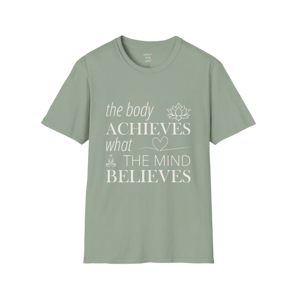 "The body achieves what the mind believes" affirmation text design with lotus, heart, and meditation icon details — The Vault collection by Ramro Yoga Wear — Sage