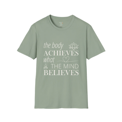 "The body achieves what the mind believes" affirmation text design with lotus, heart, and meditation icon details — The Vault collection by Ramro Yoga Wear — Sage