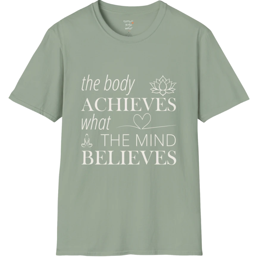 "The body achieves what the mind believes" affirmation text design with lotus, heart, and meditation icon details — The Vault collection by Ramro Yoga Wear — Sage