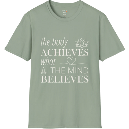 "The body achieves what the mind believes" affirmation text design with lotus, heart, and meditation icon details — The Vault collection by Ramro Yoga Wear — Sage