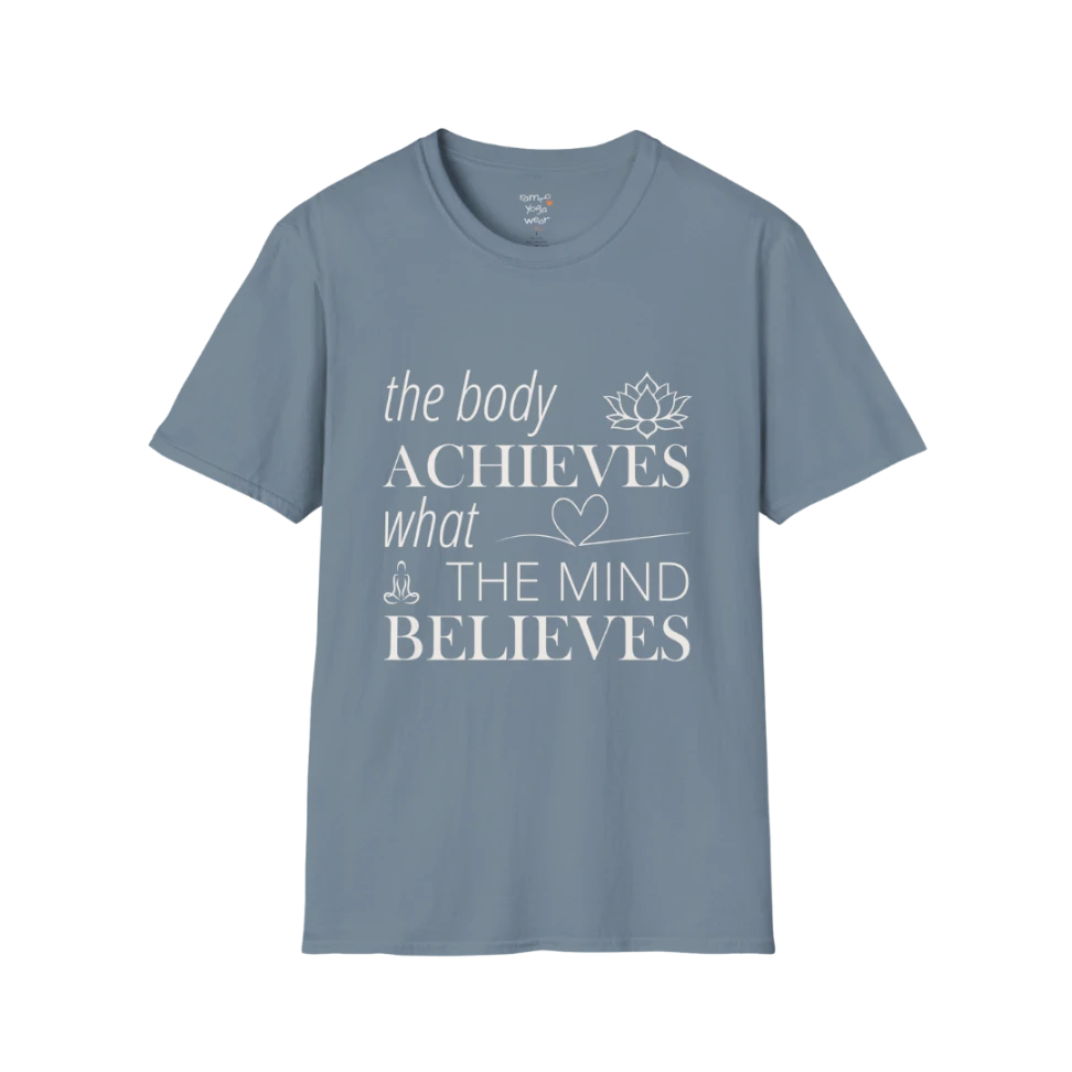 "The body achieves what the mind believes" affirmation text design with lotus, heart, and meditation icon details — The Vault collection by Ramro Yoga Wear — Stone Blue